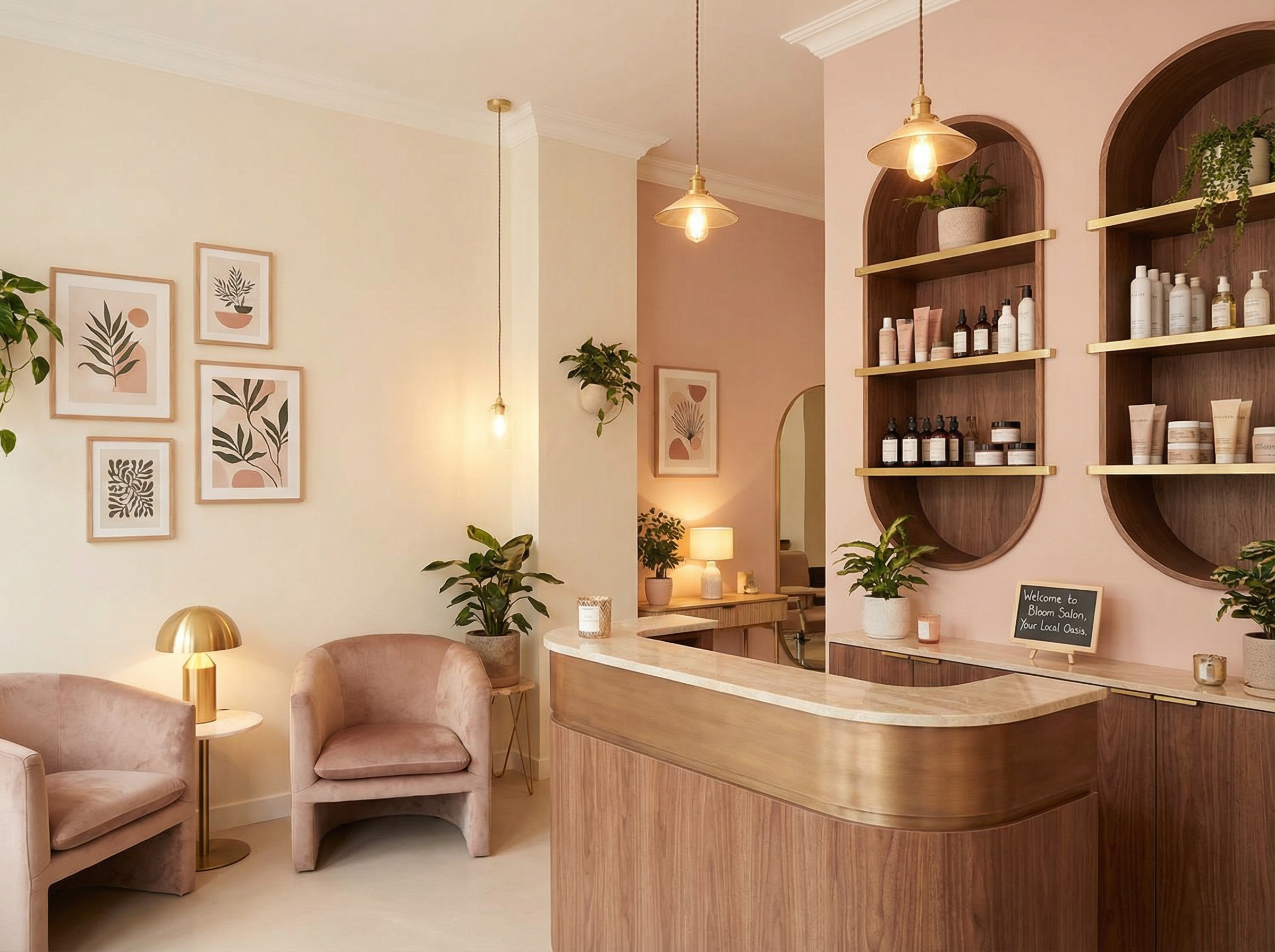 Inside Arlie's Hair Salon — warm, welcoming reception area